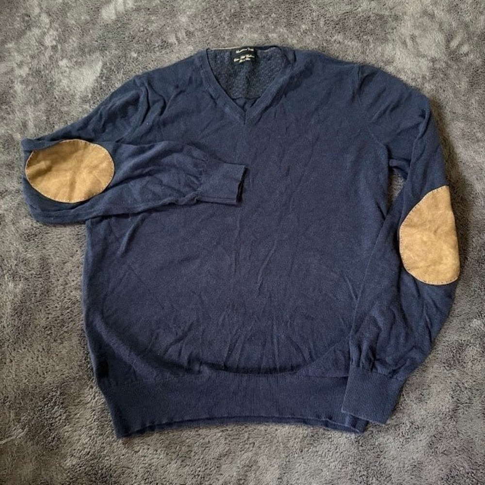 Massimo Dutti Mens Navy Blue Cotton Silk Cashmere V-Neck Elbow Patch Sweater S